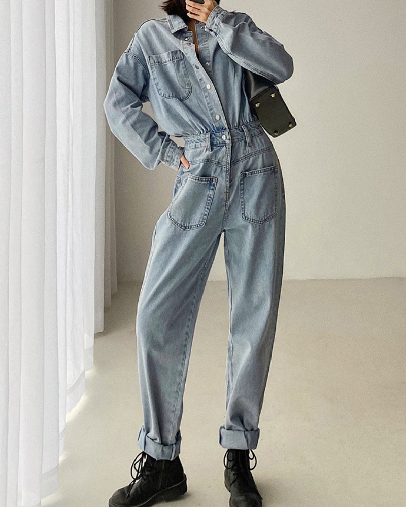 Pile Collar Lace-up Single-breasted Denim Jumpsuits