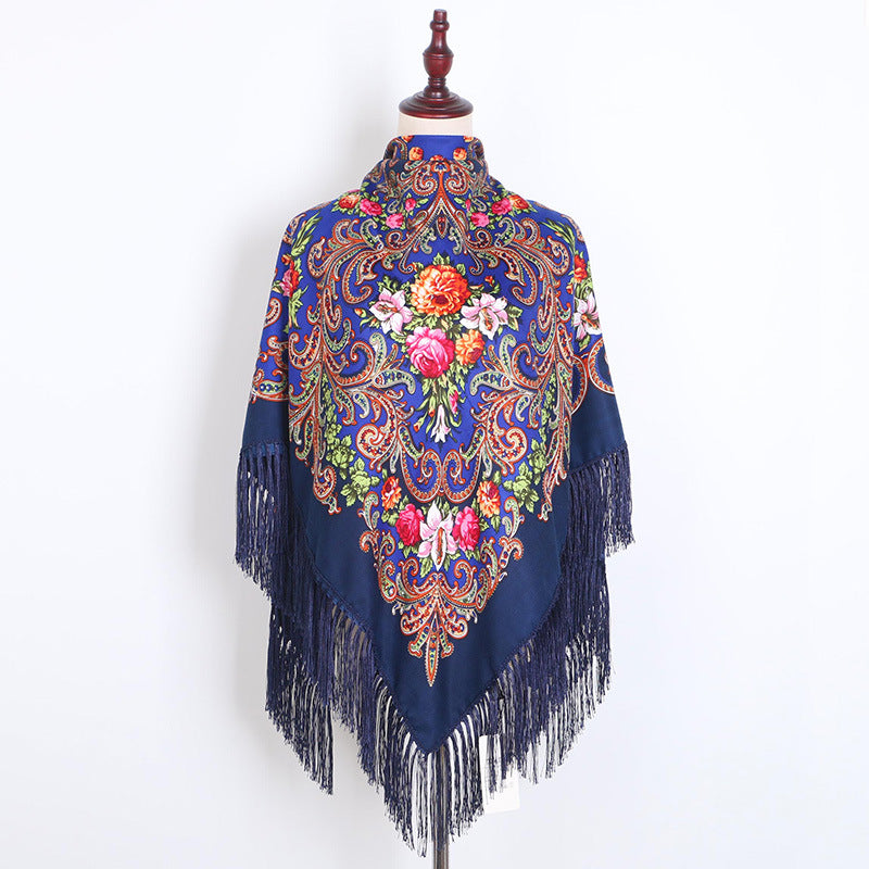 Ethnic Retro Flower Square Scarf Muslim Shawl Fringed Scarves for Women Ladies Girls