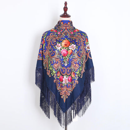 Ethnic Retro Flower Square Scarf Muslim Shawl Fringed Scarves for Women Ladies Girls
