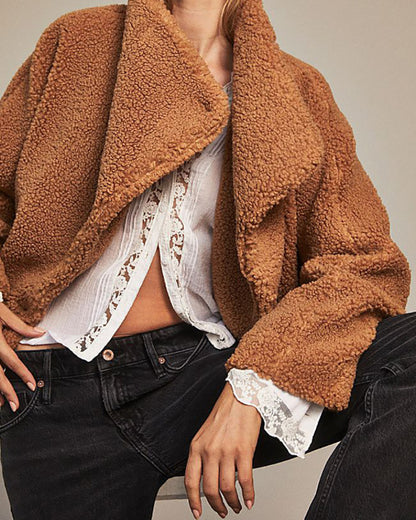 Plush Button Lapel Collar Jacket Coat Outerwear