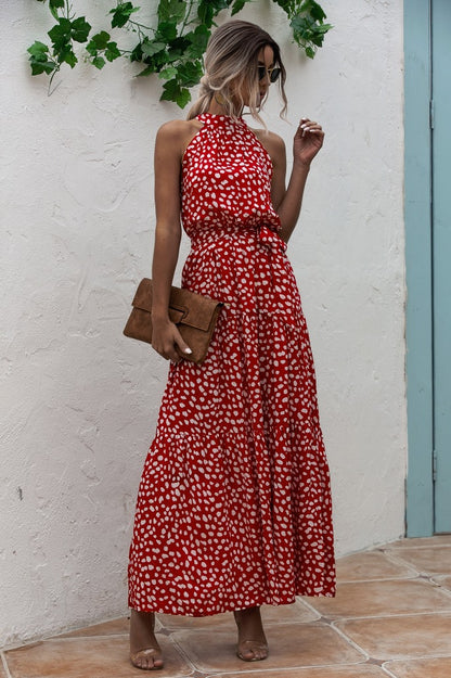 Red Wave Bohemian Boho Printed Hanging Neck Straps Maxi Dresses