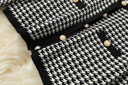 Classic Houndstooth Single-breasted Cardigan Vest Dress Two-piece Set