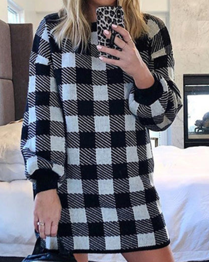 Lantern Sleeve Houndstooth Contrast Mini Dresses