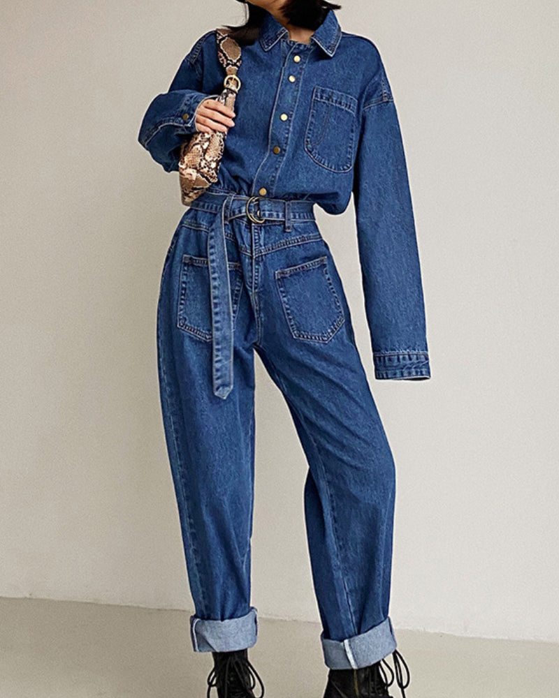 Pile Collar Lace-up Single-breasted Denim Jumpsuits