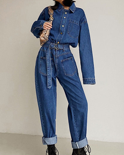 Pile Collar Lace-up Single-breasted Denim Jumpsuits