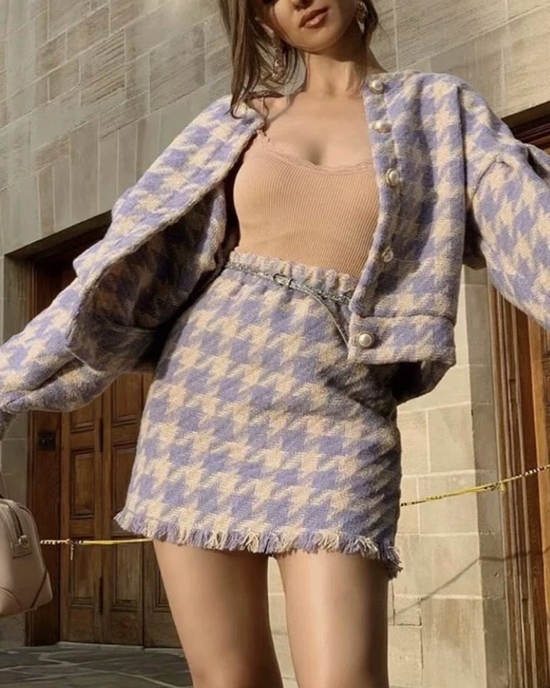 Houndstooth Beaded Buckle Long Sleeve Short Jacket Skirt Dress Suit