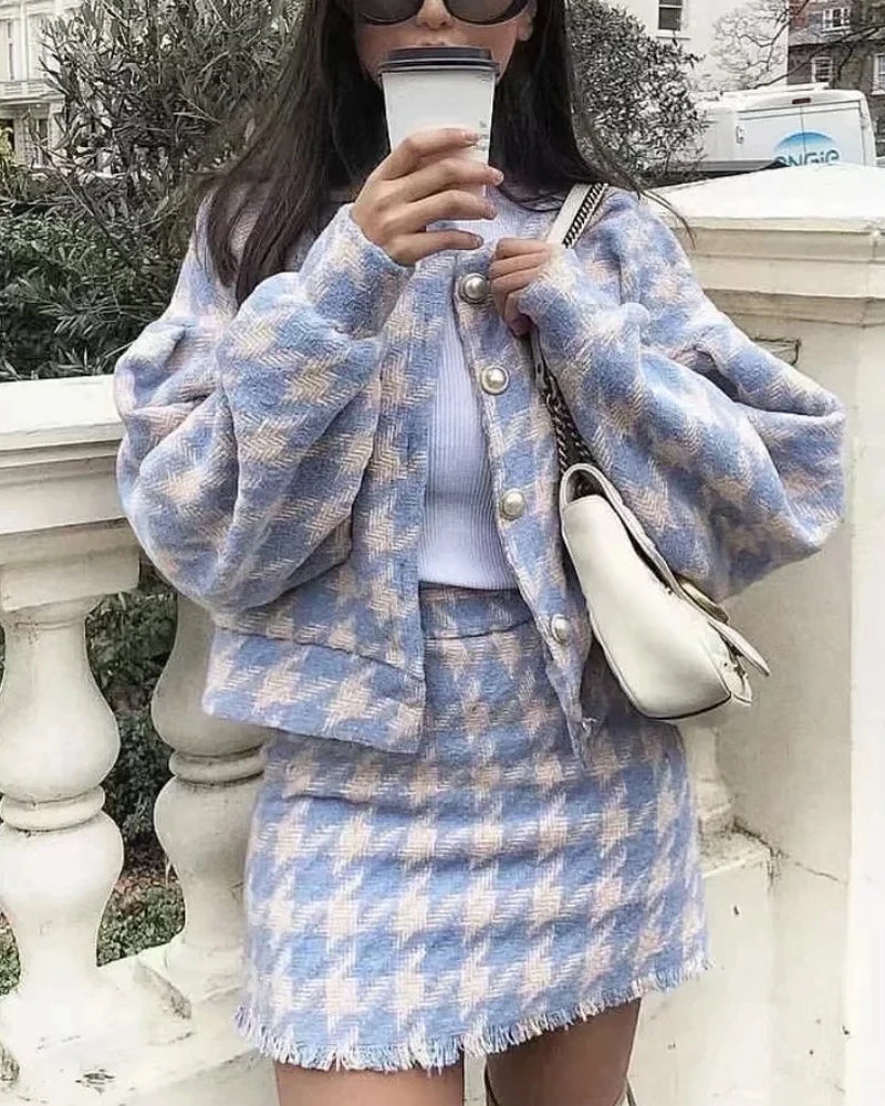 Houndstooth Beaded Buckle Long Sleeve Short Jacket Skirt Dress Suit