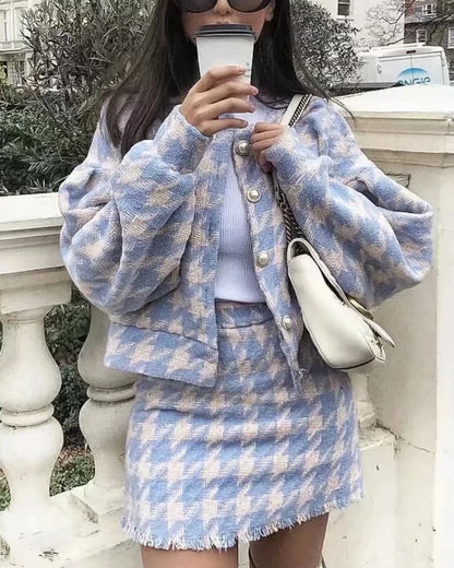 Houndstooth Beaded Buckle Long Sleeve Short Jacket Skirt Dress Suit
