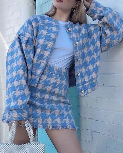 Houndstooth Beaded Buckle Long Sleeve Short Jacket Skirt Dress Suit
