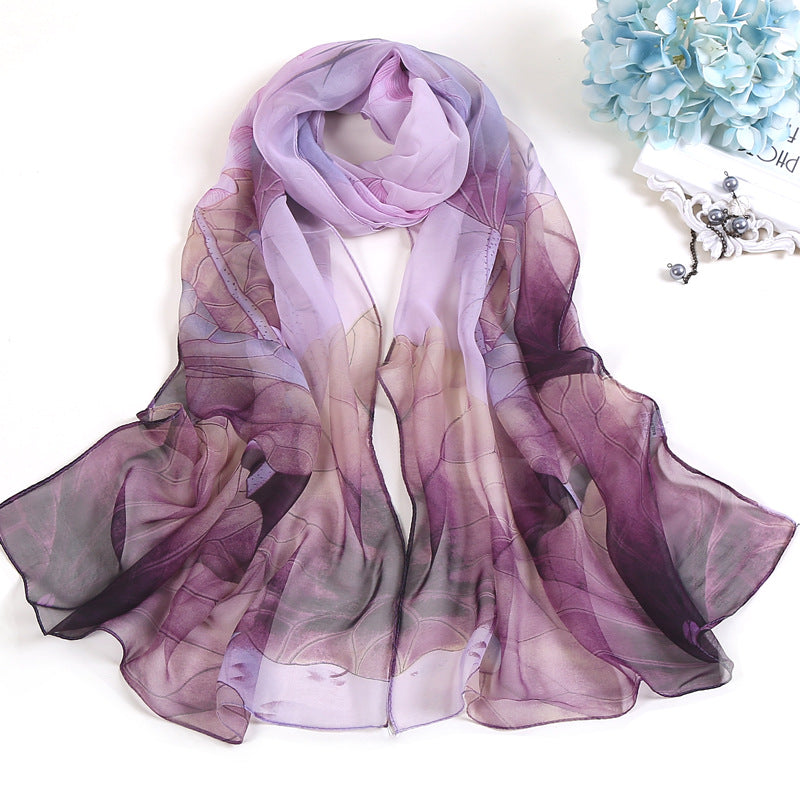 Lotus Printed Long Thin Silk Scarf for Women