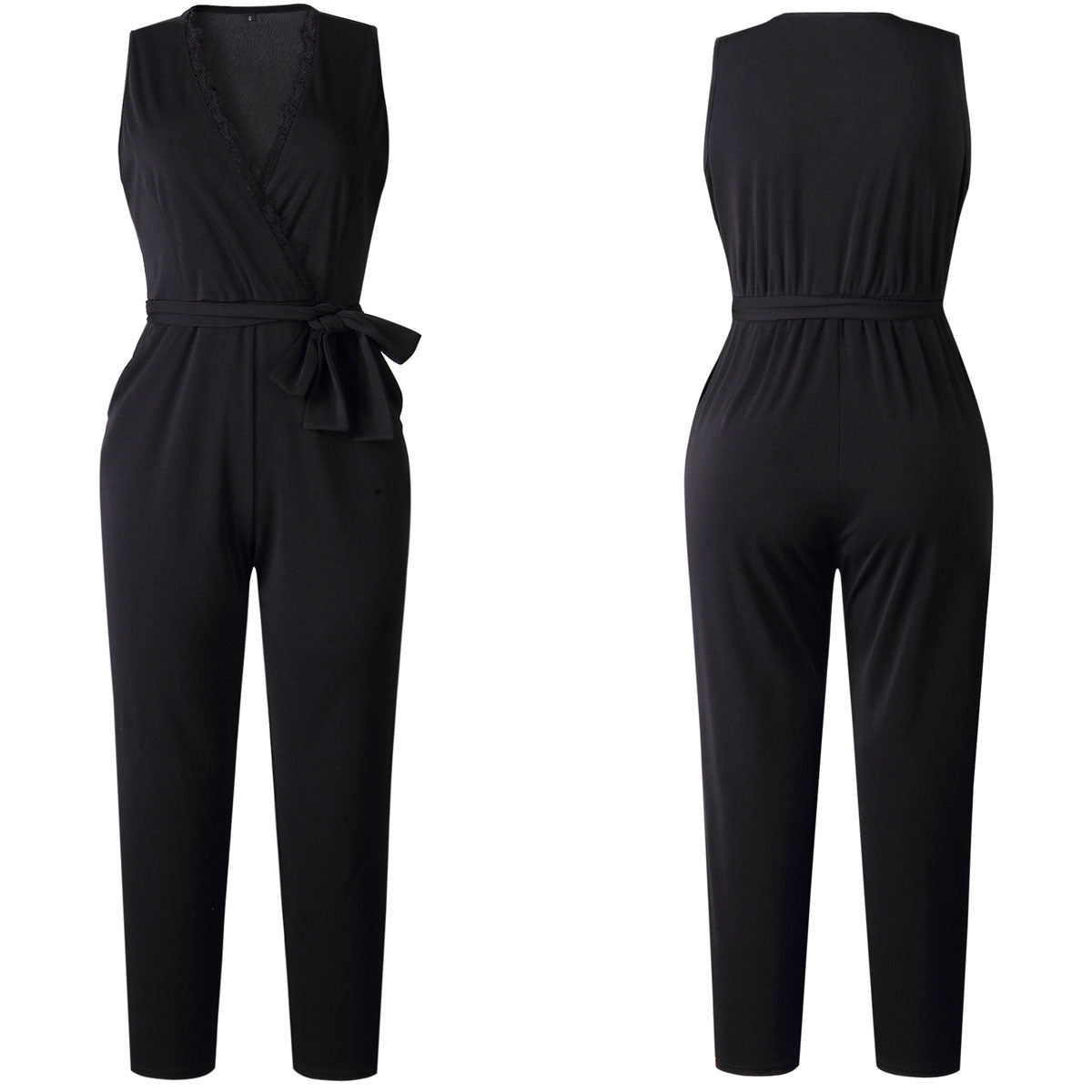 Black Sexy Deep V-neck Lace Pocket Straps Jumpsuit