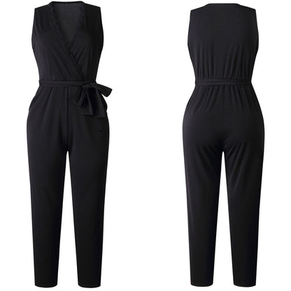 Black Sexy Deep V-neck Lace Pocket Straps Jumpsuit