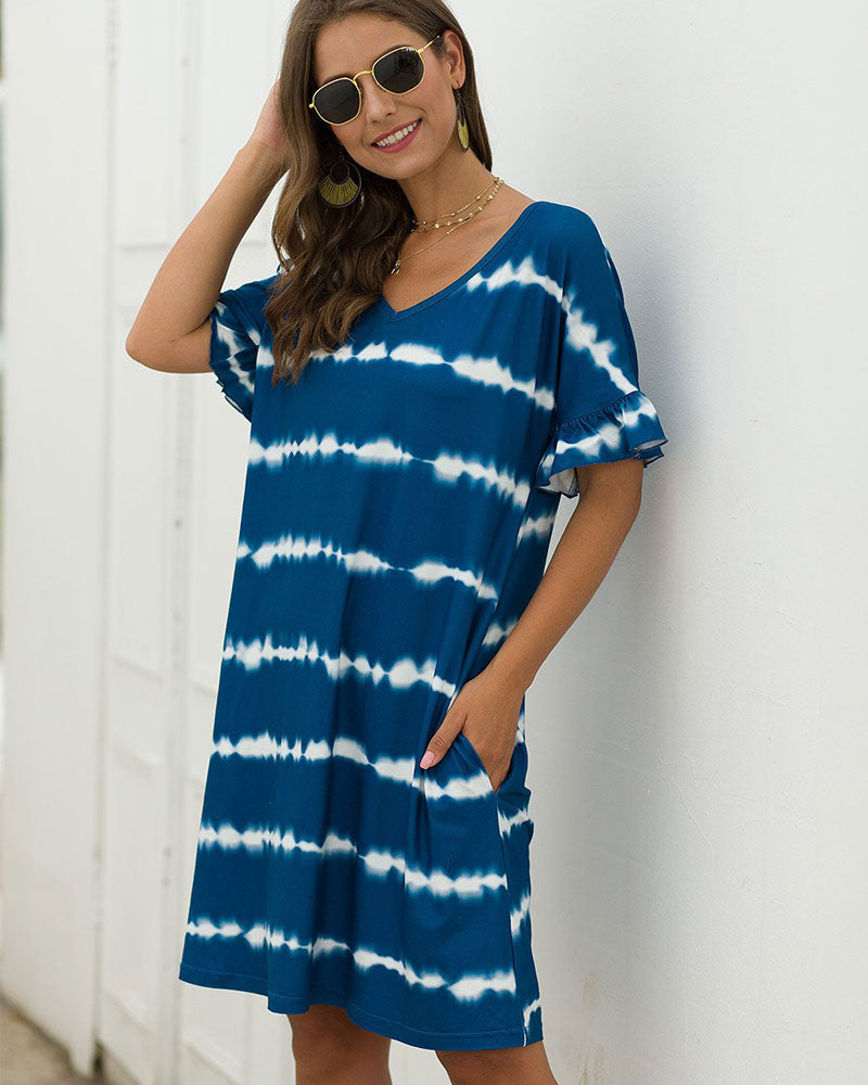 Pocket Striped Mini Dresses Lotus Sleeve
