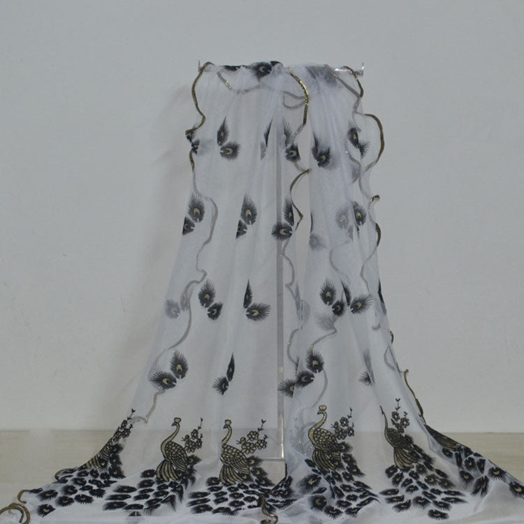 Fashion Lace Scarf Net Yarn Printing Peacock Stitching Flocking Phoenix Scarf for Women Ladies Girls