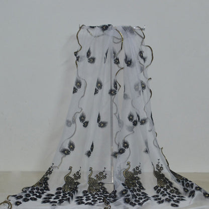 Fashion Lace Scarf Net Yarn Printing Peacock Stitching Flocking Phoenix Scarf for Women Ladies Girls