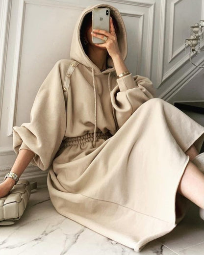 Puff Sleeve Hooded Hoodies Sweatshirts Coat Midi Dresses