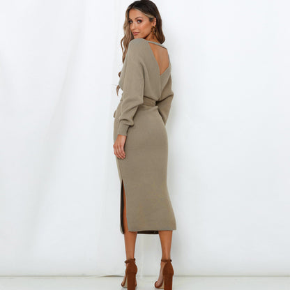 Bat Sleeve Waistband Sweater Bodycon Maxi Dresses