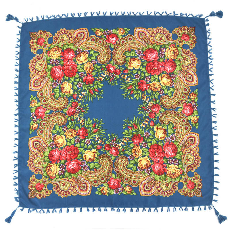 Ethnic Flower Print Square Scarf Shawl Fringed Scarves for Women Ladies Girls