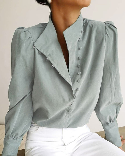 Single-breasted Round Neck Puff Sleeve Mandarin Collar Shirts