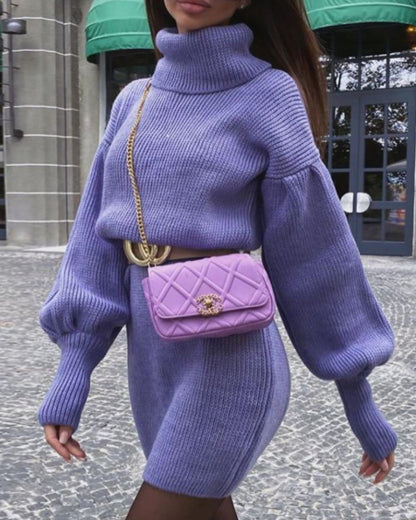 Knit Lantern Sleeve High Collar Sweater Mini Dresses