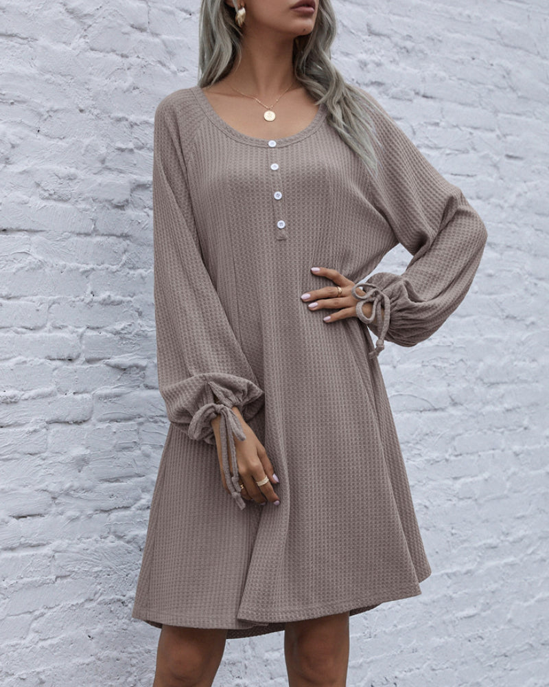 Lace-up Knit Round Neck Lantern Sleeve Mini Dresses