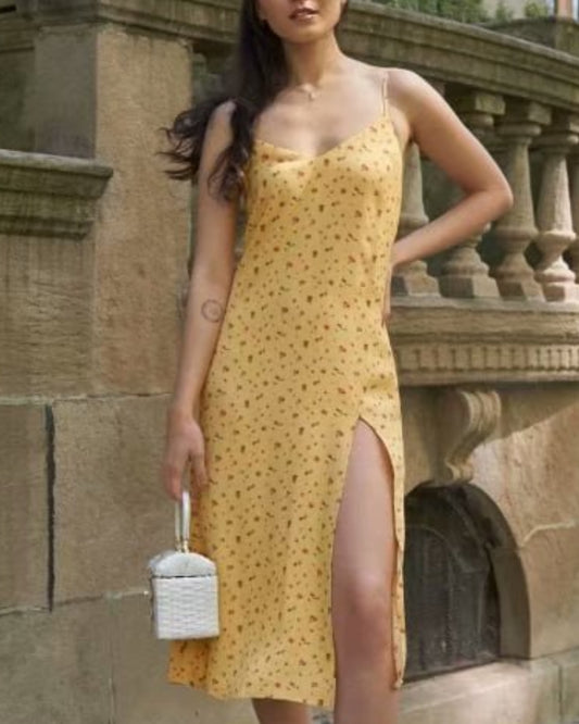 Backless Suspenders Slit Leg Midi Floral Dresses