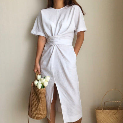 Cross Strap Split Short Sleeve Vacation Maxi Dresses