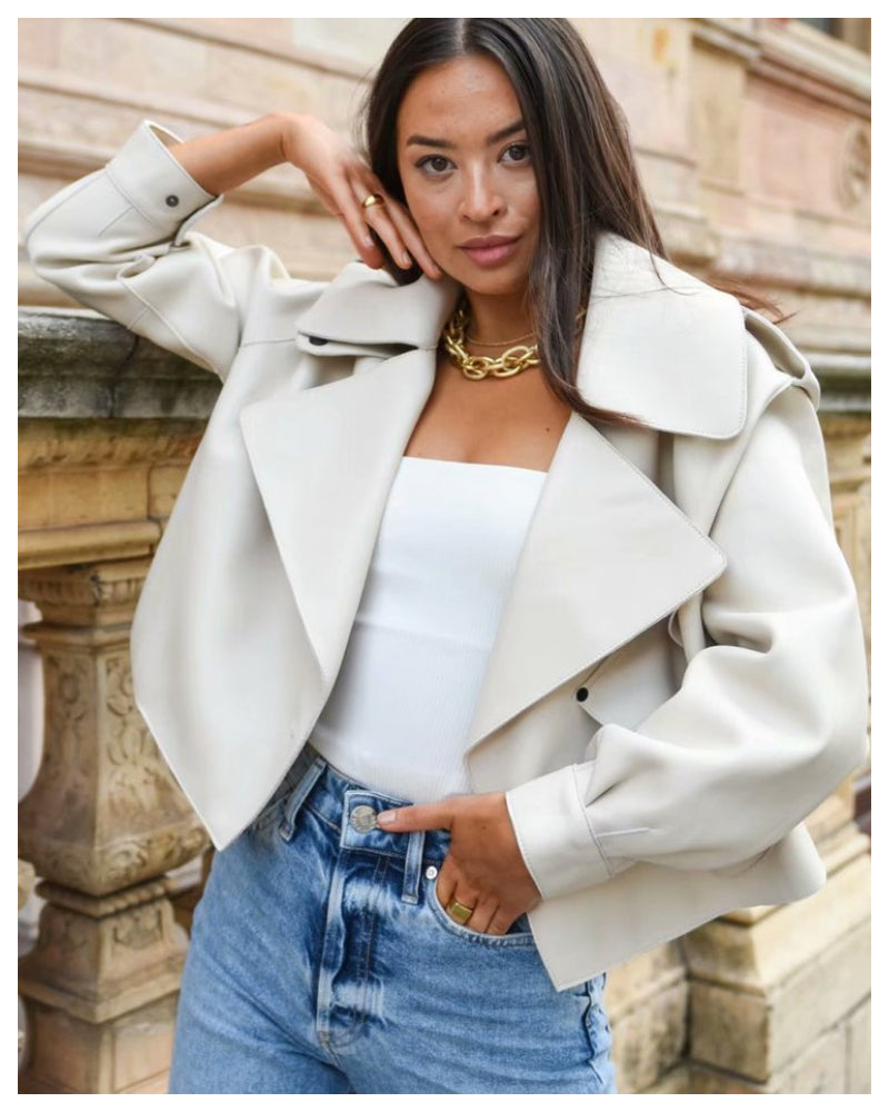 Pile Collar Pocket Crop Leather Tops Jacket Outerwear