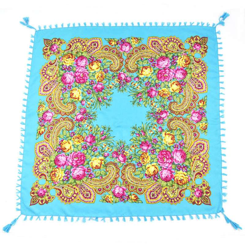 Ethnic Flower Print Square Scarf Shawl Fringed Scarves for Women Ladies Girls