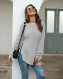 Suéter de manga larga con dobladillo dividido y cuello redondo para mujer 