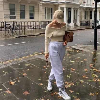 Sexy Pile Collar Off Shoulder Knit Sweater Blouse