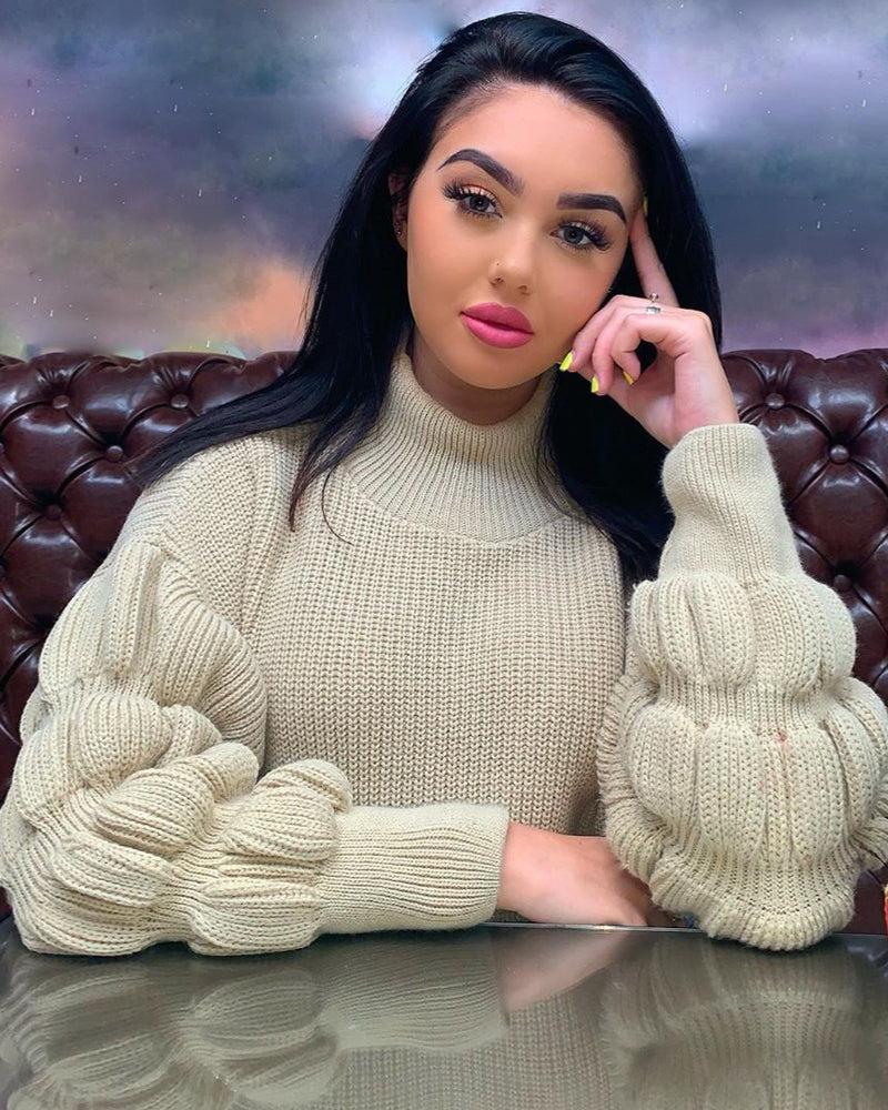 Lantern Sleeve High-collared Knit Sweaters
