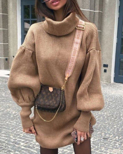 Knit Lantern Sleeve High Collar Sweater Mini Dresses