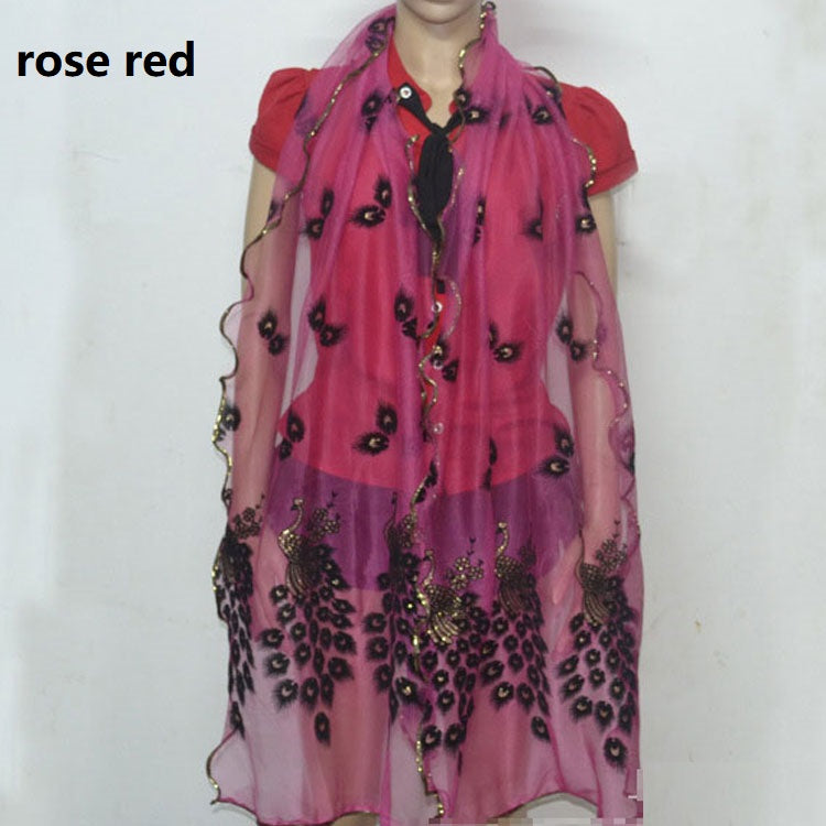 Fashion Lace Scarf Net Yarn Printing Peacock Stitching Flocking Phoenix Scarf for Women Ladies Girls