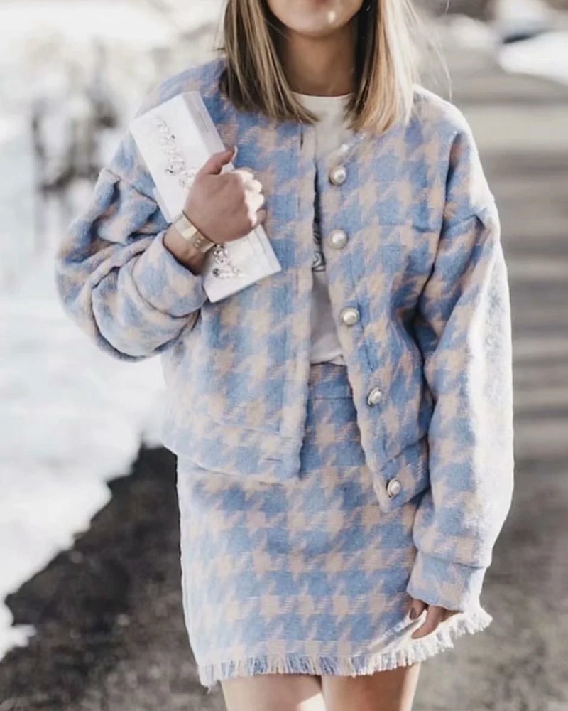 Houndstooth Beaded Buckle Long Sleeve Short Jacket Skirt Dress Suit