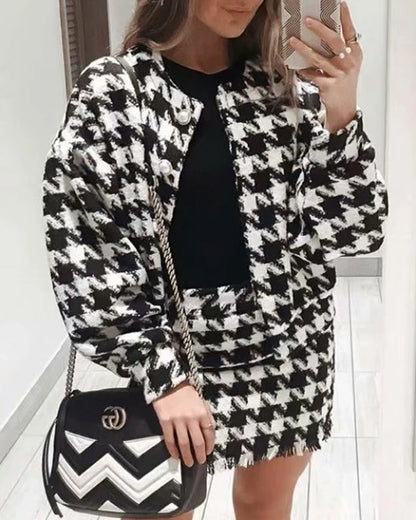 Houndstooth Beaded Buckle Long Sleeve Short Jacket Skirt Dress Suit
