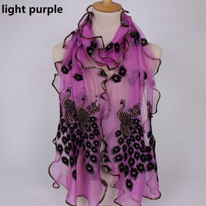 Fashion Lace Scarf Net Yarn Printing Peacock Stitching Flocking Phoenix Scarf for Women Ladies Girls