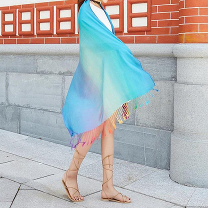 Ethnic Style Rainbow Gradient Color Long Soft Neck Scarf Wrap Shawl for Ladies Girls Women