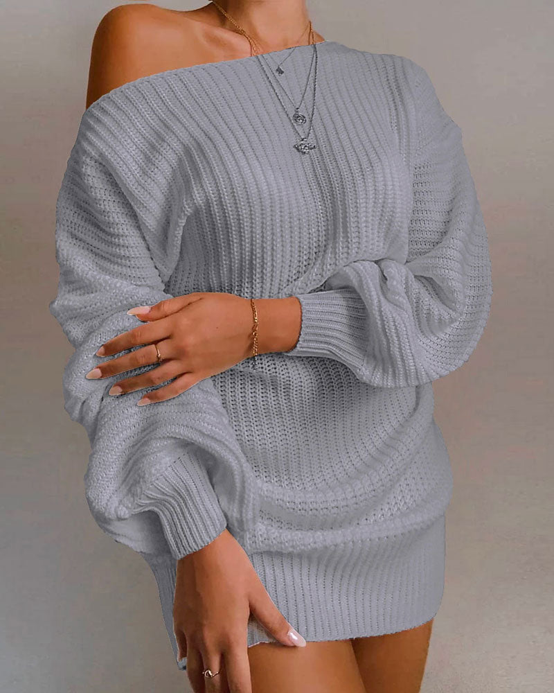 One Shoulder Lantern Sleeve Knit Sweater Mini Dresses