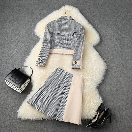 Apricot Splicing Houndstooth Single-breasted Coat Jacket Skirt Two-piece Set