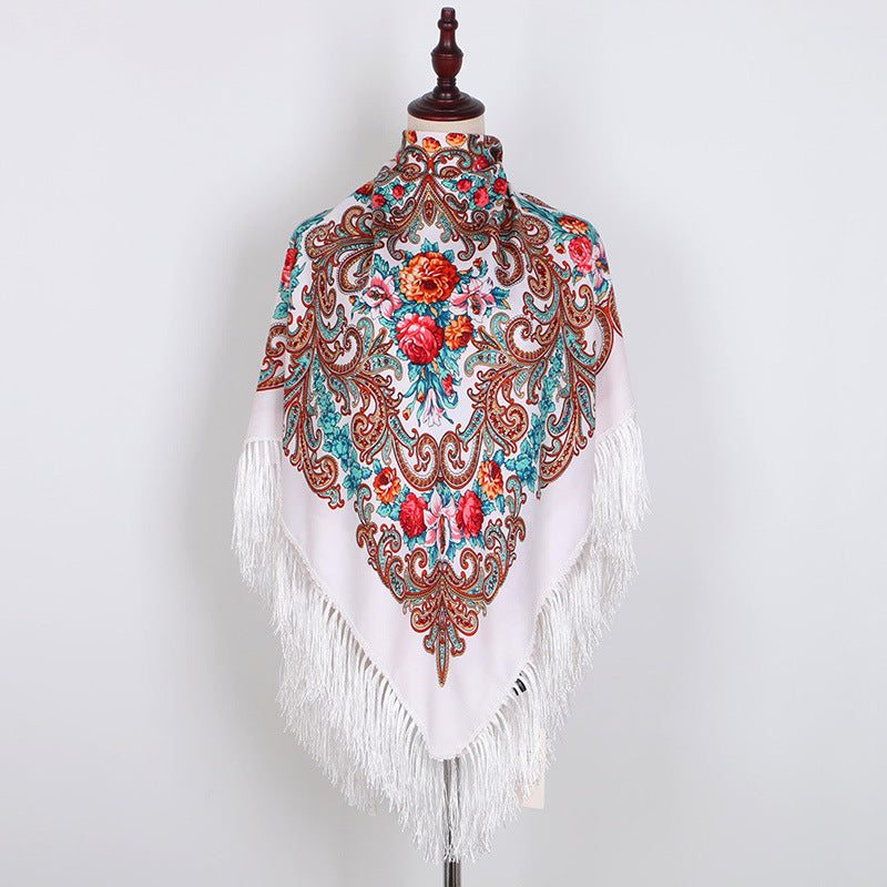 Ethnic Retro Flower Square Scarf Muslim Shawl Fringed Scarves for Women Ladies Girls