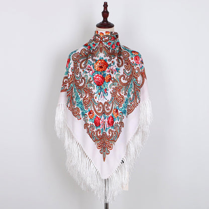 Ethnic Retro Flower Square Scarf Muslim Shawl Fringed Scarves for Women Ladies Girls