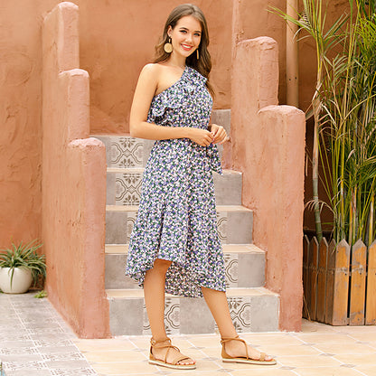 One Shoulder Daisy Floral Irregular Hem Midi Dresses