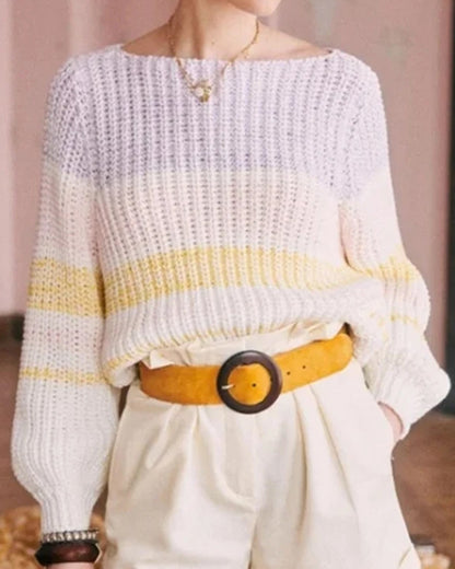 Lantern Sleeve Contrast Stripe Knitting Sweater