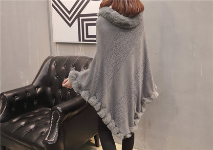 Pullover Hem Fur Collar Sweater Cloak Shawl Cape