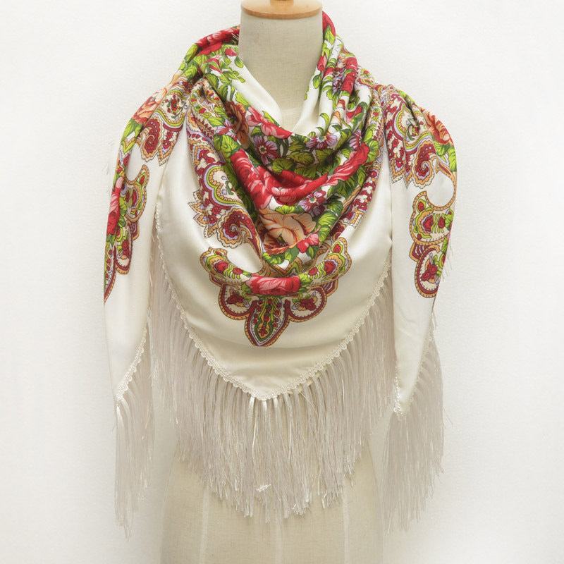 Ethnic Retro Flower Square Scarf Shawl Fringed Scarves for Women Ladies Girls