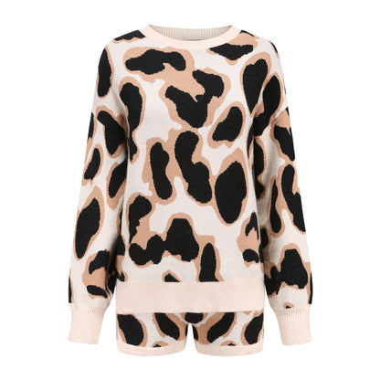 Leopard Shorts Sweater Loungewear Two Pieces