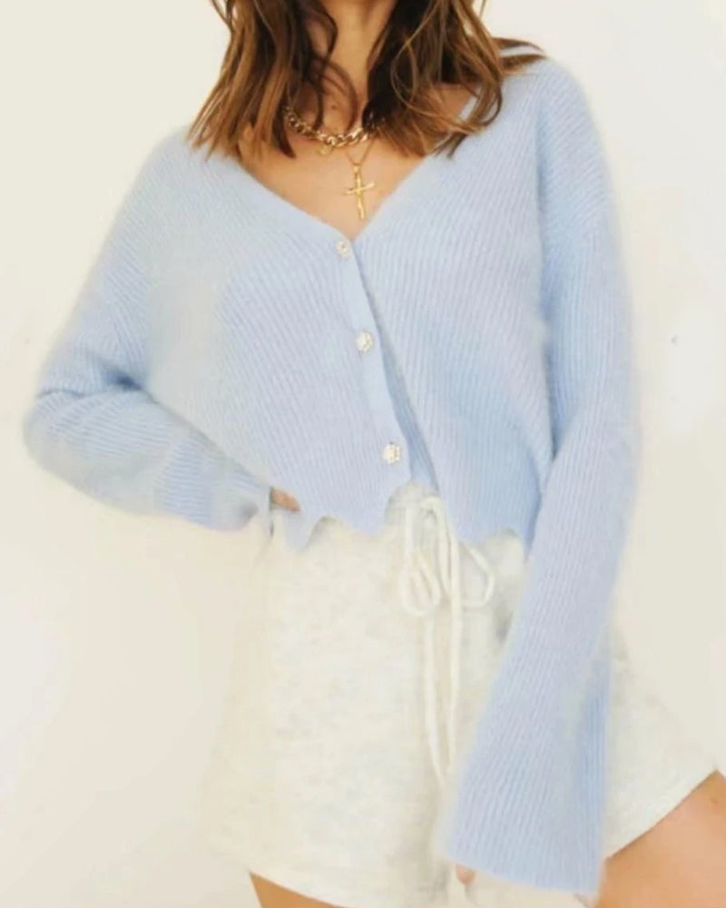 Single-breasted V-neck Ruffles Hem Knitting Cardigans
