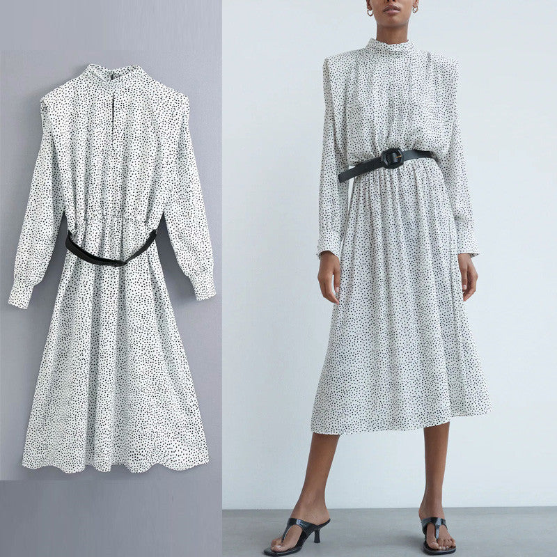 Polka Dot Shirred Frill Shoulder Pad Midi Dresses
