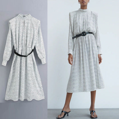 Polka Dot Shirred Frill Shoulder Pad Midi Dresses